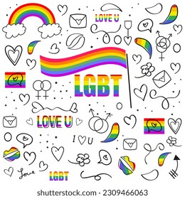 LGBT vector doodle, with figures of love and pride in line art, full color, icon