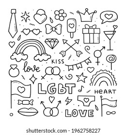 LGBT vector doodle set. Gay parade. Hand drawn sketch. Isolated outline illustrations.