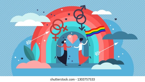 LGBT Vector Illustration. Flat Tiny Bisexual Persons With Rainbow Concept. Transgender Flag Sign To Symbolize Love, Equality, Rights And Tolerance. Movement Against Discrimination And Trans Culture.