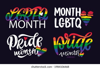 LGBT vector illustration set. Concept for pride community. Happy Pride day, Love is Love hand drawn modern lettering quote. Festival slogan. Design for poster, flyer, card, banner, web.