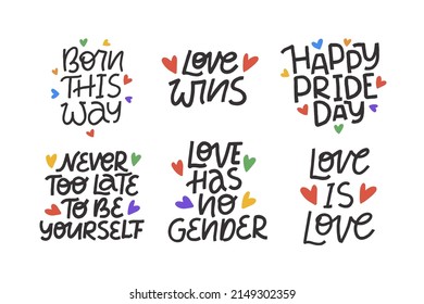 LGBT vector illustration set. Concept for pride community. Happy Pride day, Love ia Love hand drawn modern lettering quote. Festival slogan. Design for poster, flyer, card, banner, stiker.