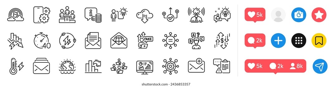 Lgbt, correo web y paquete de iconos de línea de descarga en la nube. Iconos de medios sociales. Icono web de Trabajo en equipo, Info, Framework. Internet falso, correo, pictograma del podio de negocios. Gráfico decreciente, desastre, temporizador. Vector