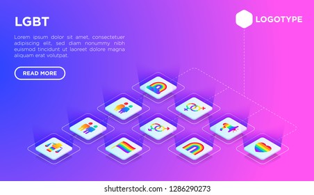 LGBT web page template with gradient flat isometric icons: gay, lesbian, rainbow, coming out, free love, flag, support, stop homophobia, LGBT rights, pride day. Modern vector illustration.
