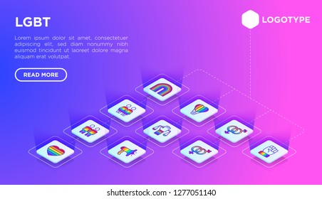 LGBT web page template with thin line isometric icons: gay, lesbian, rainbow, coming out, free love, flag, support, stop homophobia, LGBT rights, pride day. Modern vector illustration.