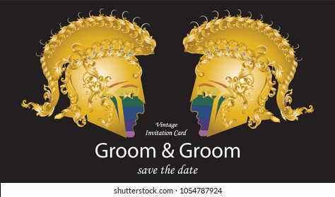 Lgbt wedding invitation card decorated two faces of 2 men and golden vintage Victorian metal elements.