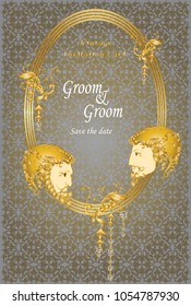 Lgbt wedding invitation card decorated two faces of 2 men and golden vintage Victorian metal elements.