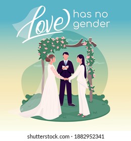 LGBT wedding social media post mockup. Love has no gender phrase. Web banner design template. Romantic ceremony postcard, content layout with inscription. Poster, print ads and flat illustration