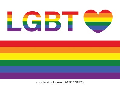 LGBT word text letter with heart, rainbow color flag isolated on white background, vector illustration. 
