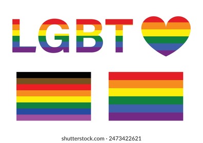 LGBT word text letter with heart, rainbow color flag isolated on white background, vector illustration. 