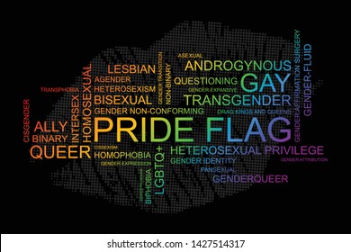 LGBT words in vector format. Rainbow flag with cloud of world acronyms and terms for poster. LGBTQ love symbol background on lipstick. Concept design 