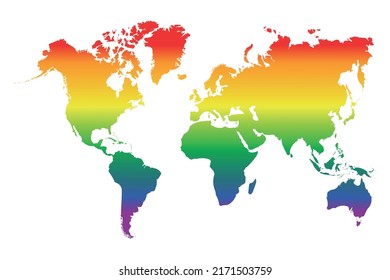 Lgbt world map with gradient rainbow colors. Horizontal lines. Transparent background.