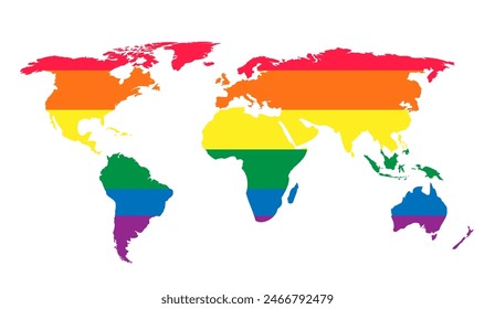 Mapa del mundo Lgbt con colores del arco iris sobre fondo blanco.