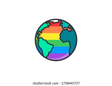 LGBT+ World, planet, earth vector isolated flag colors of LGBT+ for LGBT+ activism, pride week, pride parade, pride festival, pride walk. map