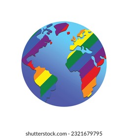 LGBT+ World, planet, earth vector isolated flag colors of LGBT+ for LGBT+ activism, pride week, pride parade, pride festival, pride month. logo, icon, vector illustration