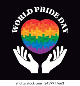 LGBT World Pride Day. Hands holding rainbow heart with colors flag. Vector isolated on black background.