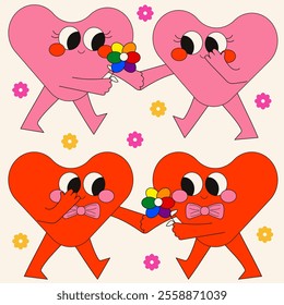 LGBT.Groovy stickers with heart couples for Valentine's day. Flat vector illustration.