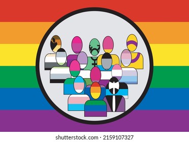 LGBTI+ flag with silhouettes of people with transgender, lesbian, bisexual, genderfluid, pansexual pride, asexual, intersex, bear brotherhood, trans Israeli flag. pride day