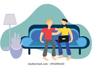 LGBTI life. Gay couple watching movies at home or surfing the Internet on a laptop. Happy gay couple enjoying time together on the couch at home. Vector illustration. LGBT love concept. Flat lay.