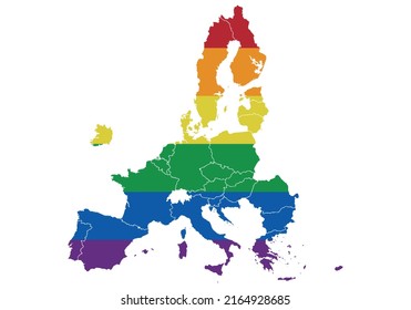 Lgbtiq+ flag icon on european union map.