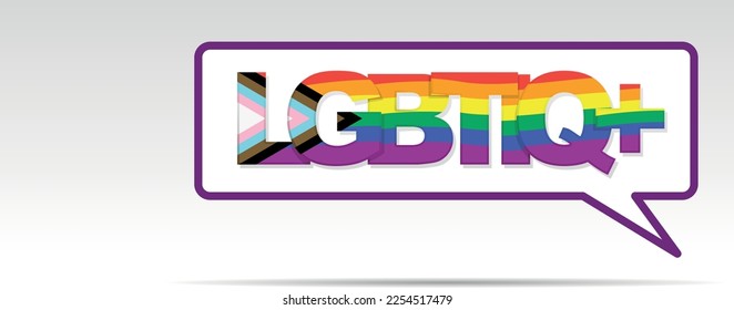 LGBTIQ Lettering, rainbow flag inside letters inside a purple talk balloon floating on white background. Vector image