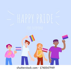 LGBT-people holding lgbt-flags. Happy pride for everyone flat vector illustration, banner, poster, card