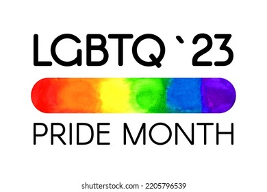 LGBTQ 2023 pride month logo. Vector flat illustration with watercolor rainbow flag.