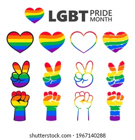 lgbtq + 6 color rainbow heart symbol of LGBT Pride Month. Peace Love Pride.