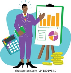 A LGBTQ accountant holding a file folder, standing next to a financial chart. Calculator and money coins. A Symbol of gender diversity