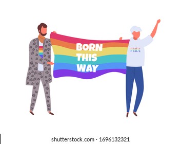 Lgbtq activists carrying rainbow flag with born this way inscription on it. People taking part in pride parade isolated on white background. Vector illustration in flat cartoon style