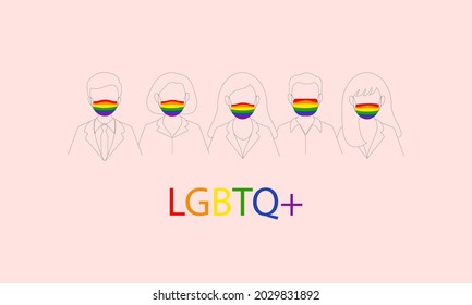 LGBTQ Activists Wear Face Mask Pride Rainbow Pattern To Work, Freedom For Homosexual LGBTQ+ Concept, Minimalistic Vector Illustration.