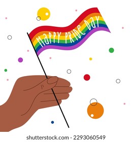 La mano LGBTQ afroamericana sostiene la bandera arcoíris con la frase FELIZ DÍA DEL ORGULLO. Detengan la homofobia. La Ilustración es buena para las celebraciones de afiches del Día Internacional del Orgullo Gay o de las historias UX de la interfaz de usuario.