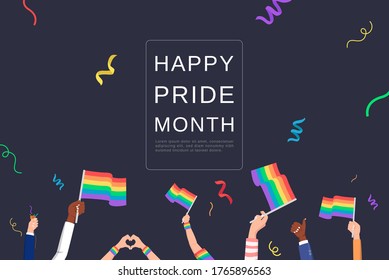 LGBTQ background with people hands waving rainbow flags celebrating pride month