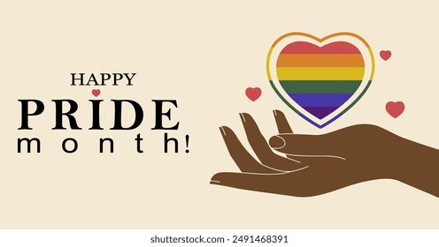 LGBTQ+ banner with heart symbol celebrating Pride Month. Rainbow LGBTQ heart, pride month banner