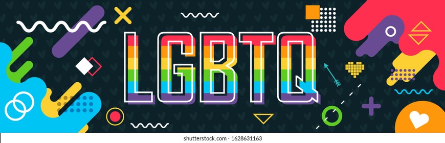 LGBTQ banner with modern retro abstract style background design. Rainbow colored LGBT rights awareness campaign. Pride day. Love is love. Valentines day. Lesbians, gays, bisexuals, transgenders, queer