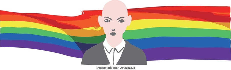 LGBTQ banner represents the right of the different sexes and gender identity. A lady-like bald person in a formal gray suit implicating acceptance by the wider society in the modern work environment.