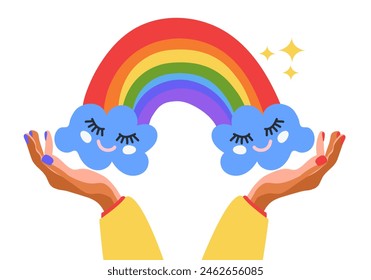 ANUNCIO LGBTQ con símbolos celebrando el Mes del Orgullo. Manos sosteniendo el arco iris con nubes. Elementos Rainbow. Desfile del orgullo gay. Ilustración vectorial.