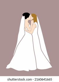 LGBTQ Bride, homosexual characters, Romantic relationships. Celebrating love. Women couple kissing, Hug, proposal, lesbian valentines day, Wedding Card invitation. Romantic vector, Girl kissing Girl