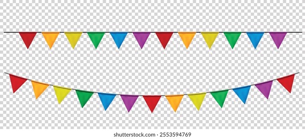 LGBTQ Bunting flags, carnival party triangle flag banner background. Decorative rainbow pennants hanging on a rope for Celebration, Birthday, Holiday, New Year. Festive decoration elements vector
