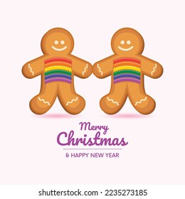 LGBTQ christmas couple in love gingerbread man icon vector. Merry Christmas greeting card with LGBT two gingerbread man graphic design element