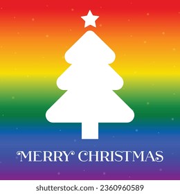 LGBTQ christmas tree icon vector. Merry Christmas greeting card with LGBT rainbow tree graphic design element isolated on a rainbow colour background