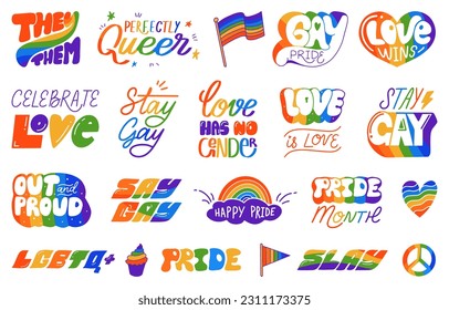 LGBTQ community color hand lettering set, collection of handwritten inspirational gay pride slogans and love symbols in vector