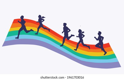 LGBTQ community concept. Althetic young people with LGBT rainbow pride flag running vector illustration drawing