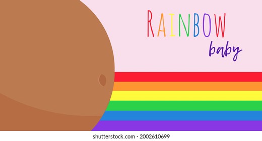 LGBTQ community concept. Happy rainbow baby pregnancy surrogate parenthood. Big belly of a black pregnant woman on colorful gay lesbian bisexual pride flag background with text. Vector illustration