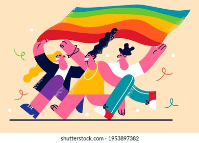 LGBTQ community concept. Happy young people with LGBT rainbow flag running together and smiling vector illustration