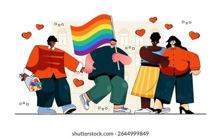 LGBTQ community concept for modern web design. People with rainbow flag at gay pride parade, happy multiracial gay and lesbian couples at event. Flat vector illustration isolated on white background.
