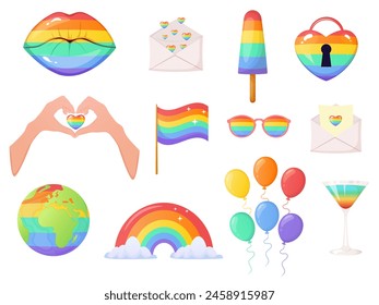 COLECCIÓN de Elementos comunitarios LGBTQ. Conjunto de artículos de dibujos animados del mes del orgullo