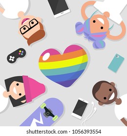 LGBTQ community. A group of young people lying on the floor. Gather together. Friends. Homosexuality. Flat editable vector illustration, clip art