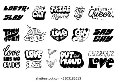 LGBTQ community  hand lettering set, collection of handwritten inspirational gay pride slogans and love symbols in vector