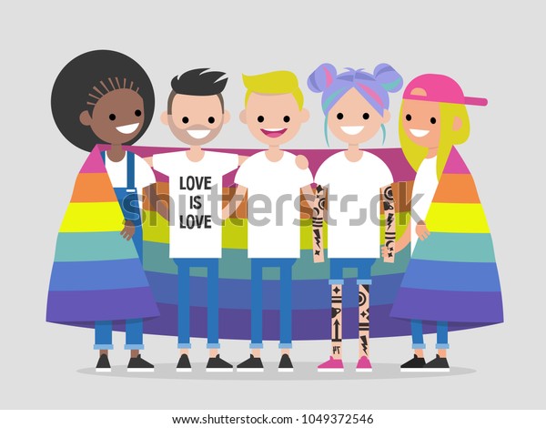 Lgbtqコミュニティ Lgbtの虹の国旗で覆われた若い人々を抱きしめて幸せに暮らす フラットな編集可能なベクターイラスト クリップアート のベクター画像素材 ロイヤリティフリー