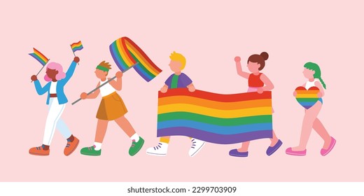 Desfile comunitario LGBTQ+ con bandera arcoiris, celebración del Mes del Orgullo, ilustración vectorial